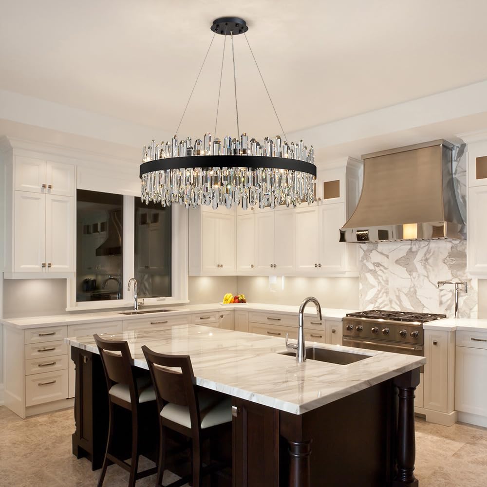 Black Modern Oval Crystal Chandelier, 24-Lights Luxury Chandeliers 2-Tiers K9 Crystal Chandelier Pendant, Light Fixture G9 Lights for Dining Living Room Entryway Kitchen Dia 30 inch