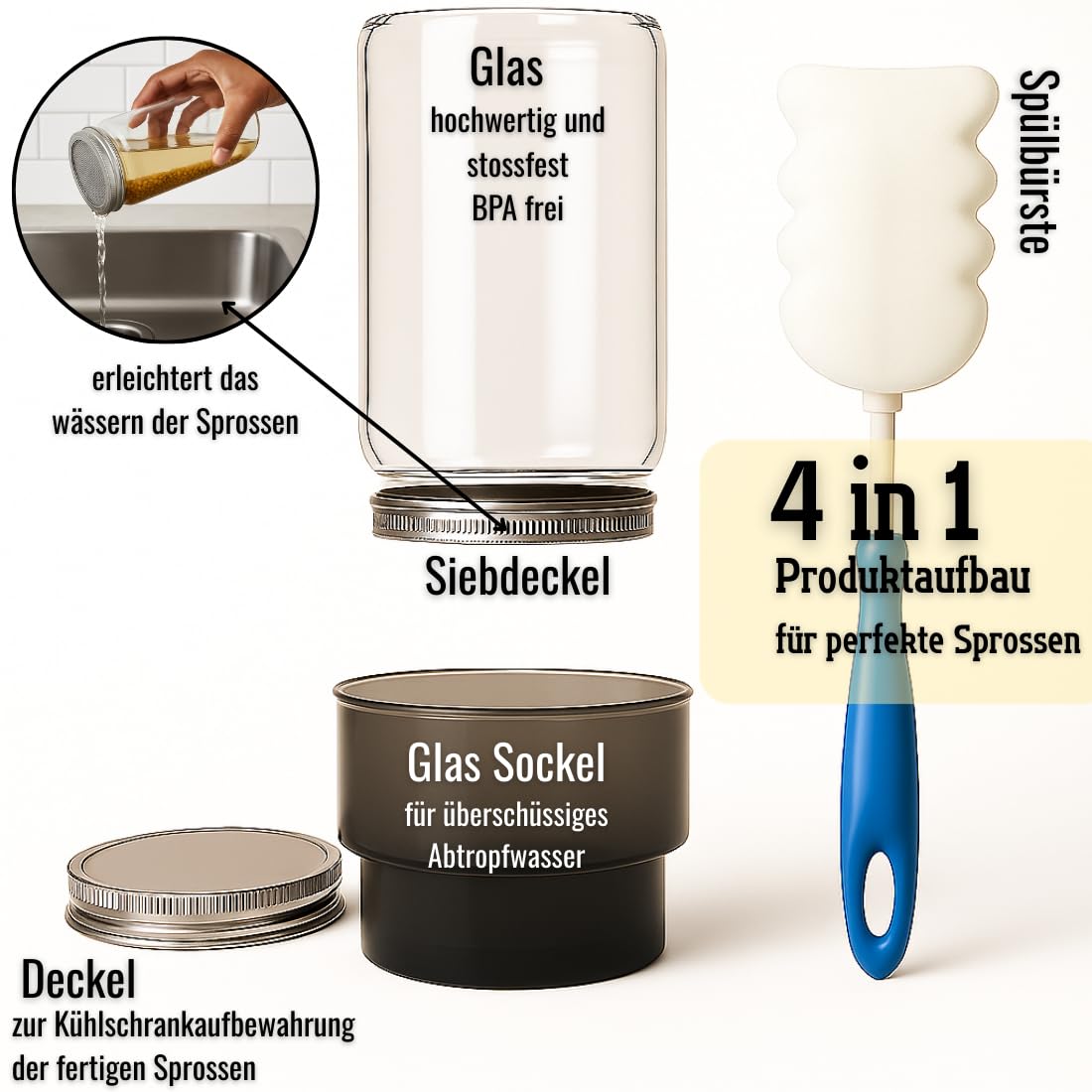 Design Sprossenglas 750ml - 4er Sprossen Anzuchtset-Keimglas für Sprossen aus Glas mit Edelstahldeckel/Sieb, Anzuchtset inkl. Spülbürste. (Sprossenglas 4er Set, 4.0, stück)