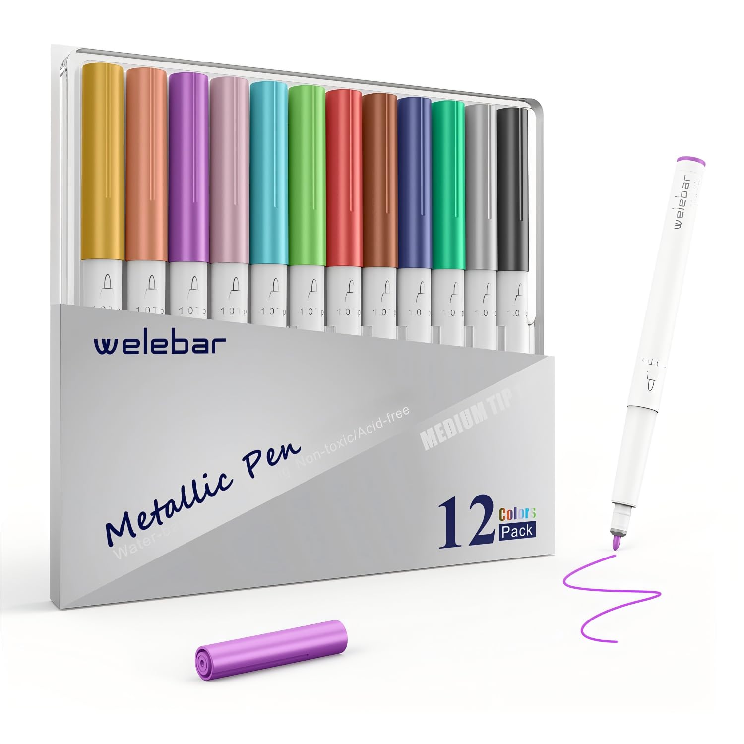 12 Pack Metallic Pen Set, Compatible with Cricut Maker 3/Maker 4/Maker/Explore 3/4/Air 2/Air, Metallic Ink Markers for Writing, Drawing, Invitations, Envelope, DIY Crafts