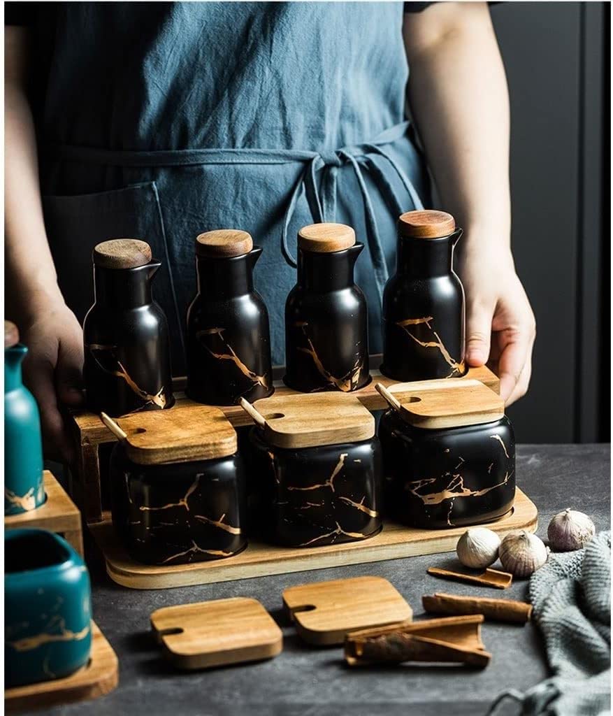 Gewürze Aufbewahrung Gewürzbehälter-Set, Gewürztopf, Gewürztopf, Keramik-Gewürzbox-Set Mit Löffelabdeckung Für Die Küche Zu Hause Gewurzglaeser Gewürzglas(Black)
