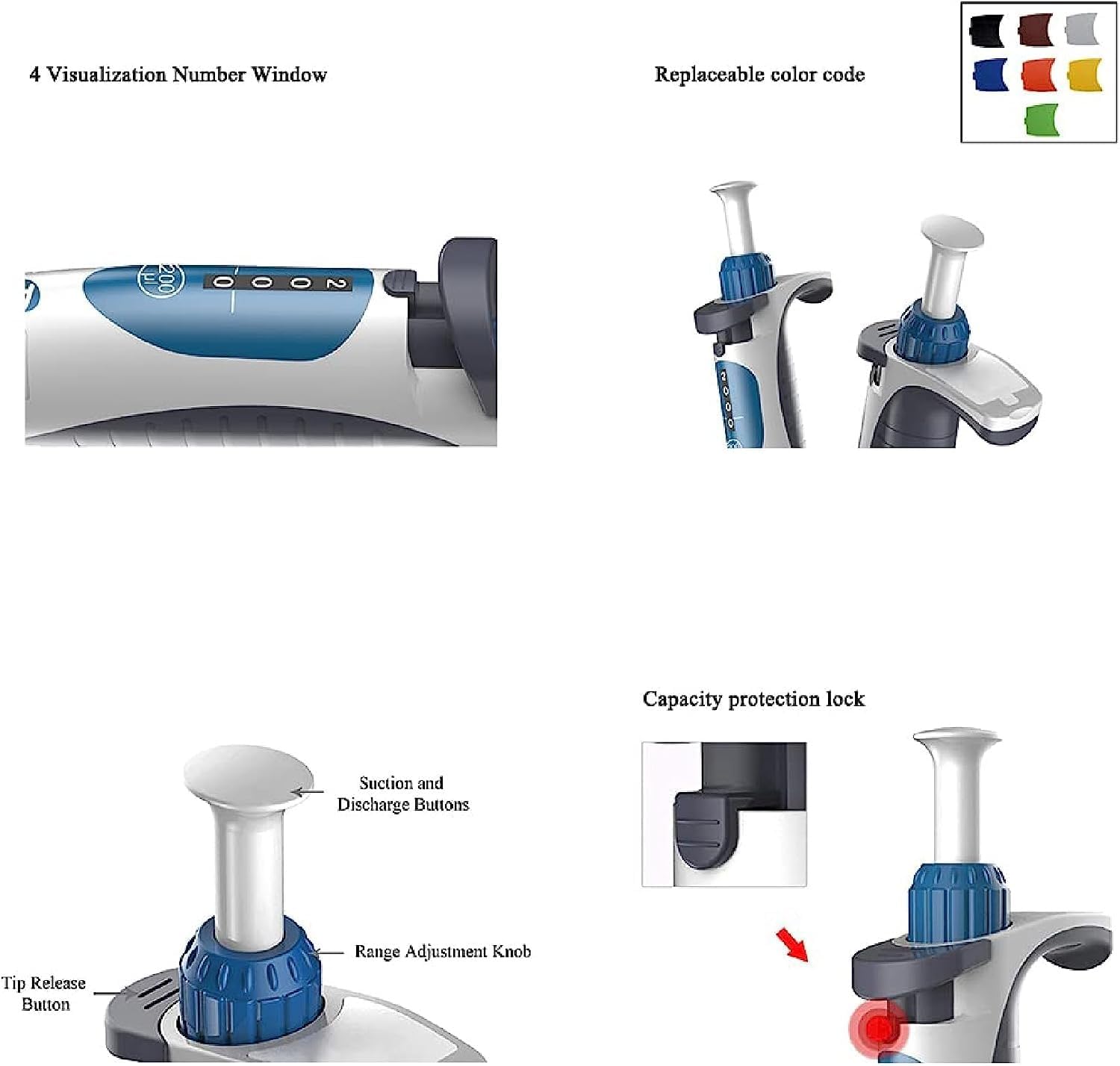 Micropipeta de laboratorio, rango de 7 capacidades diferentes, pipeta de un solo canal de alta precisión, pipeta de volumen ajustable, utilizada en medicina, educación y química.(0.5-10ul)