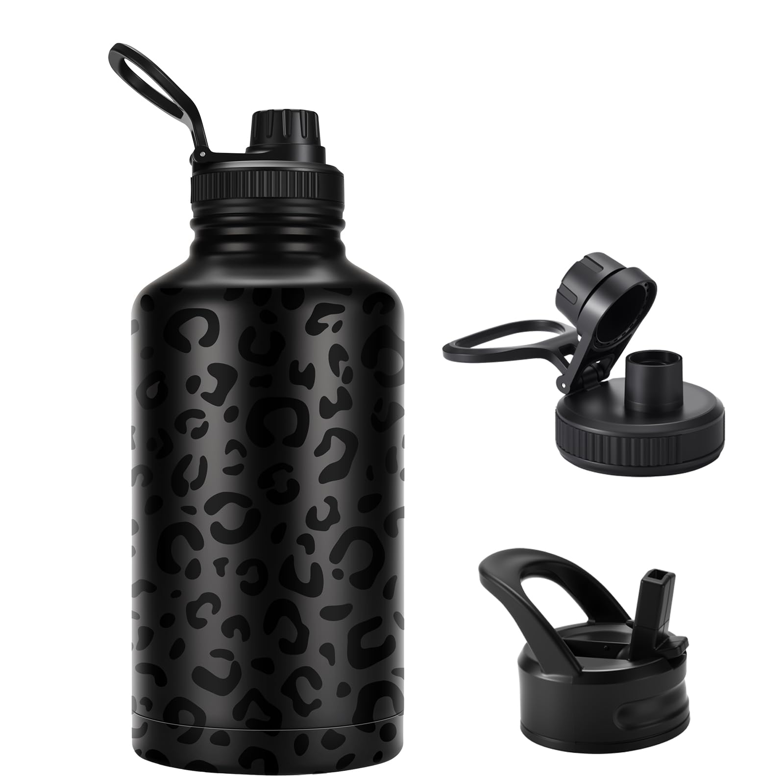 FOLAI Borraccia in acciaio inox a prova di perdite da 2L con cannuccia, grande borraccia per fitness e palestra, senza BPA, per bevande gassate, lavabile in lavastoviglie (motivo leopardato)