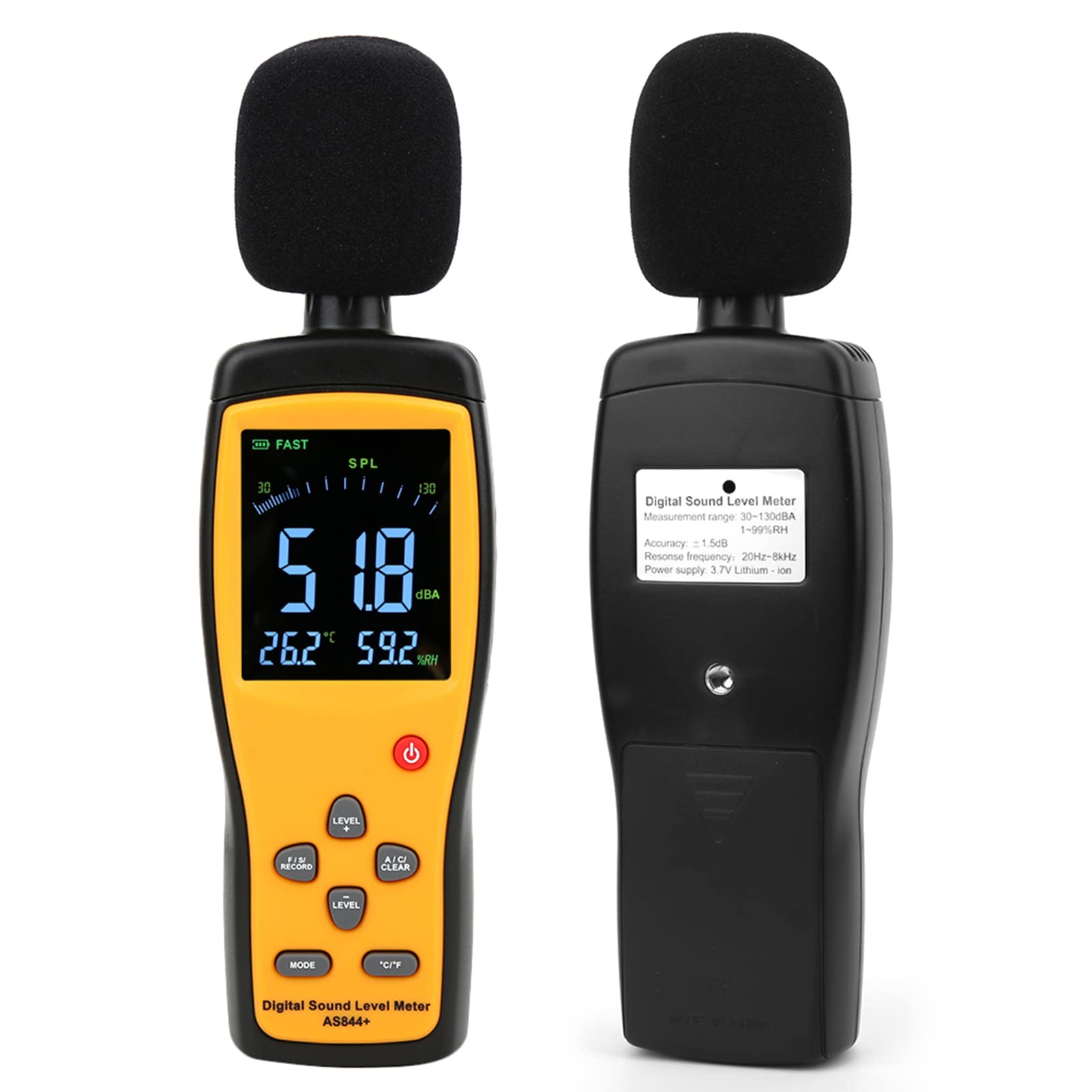 Fafeicy AS844+ Digital Decibel Meter Miernik Poziomu Szumu Miernika Szumu z Wyświetlaniem Danych LCD Storage 15000 Zestawów USB Pobierz do Ruchu Home Library Monitorowanie Szumów