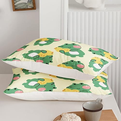 Miniatura 5 de Juego de edredón de 3 piezas con estampado de rana de dibujos animados y 2 fundas de almohada, suave y ligero, para todas las estaciones