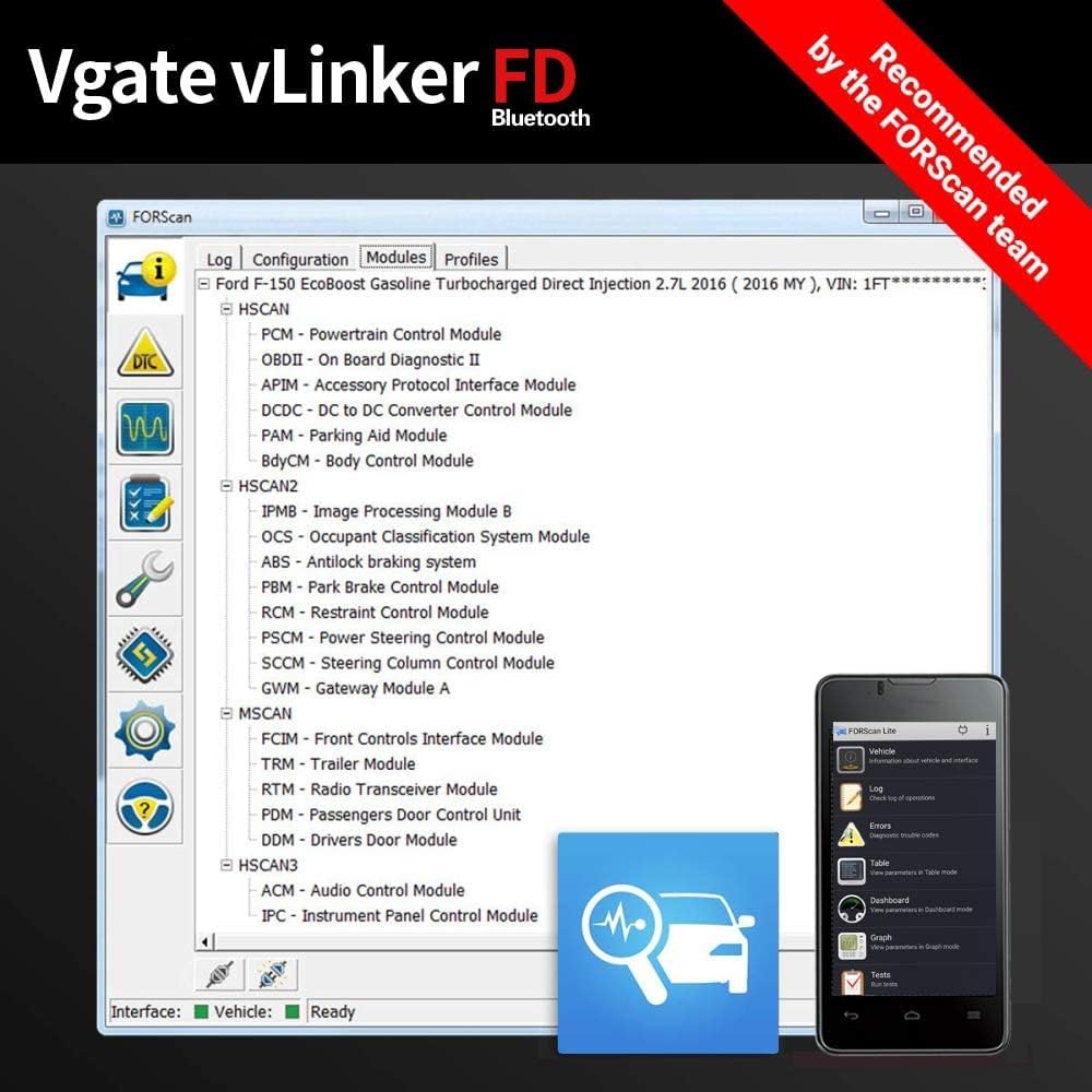 Vgate OBDII Bluetooth, vLinker FD OBD Scanner OBD2 Strumento diagnostico Check Engine Light per Android e Windows (Bluetooth 3.0)
