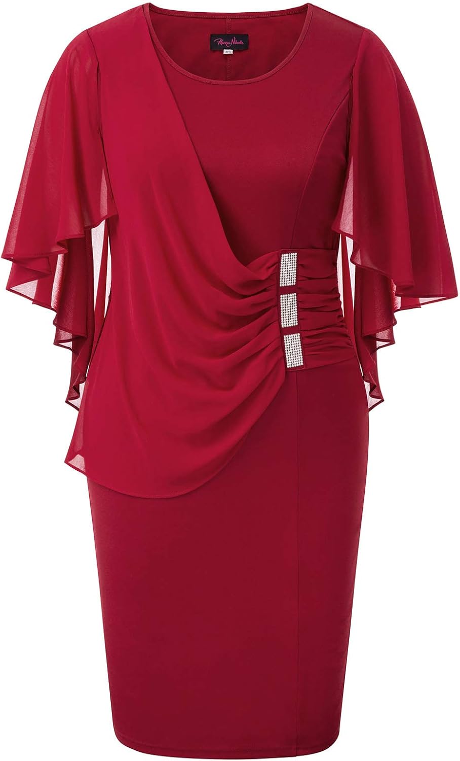 Hanna Nikole Women's Plus Size Chiffon Ruffle Flattering Cape Sleeve Bodycon Pencil Dress