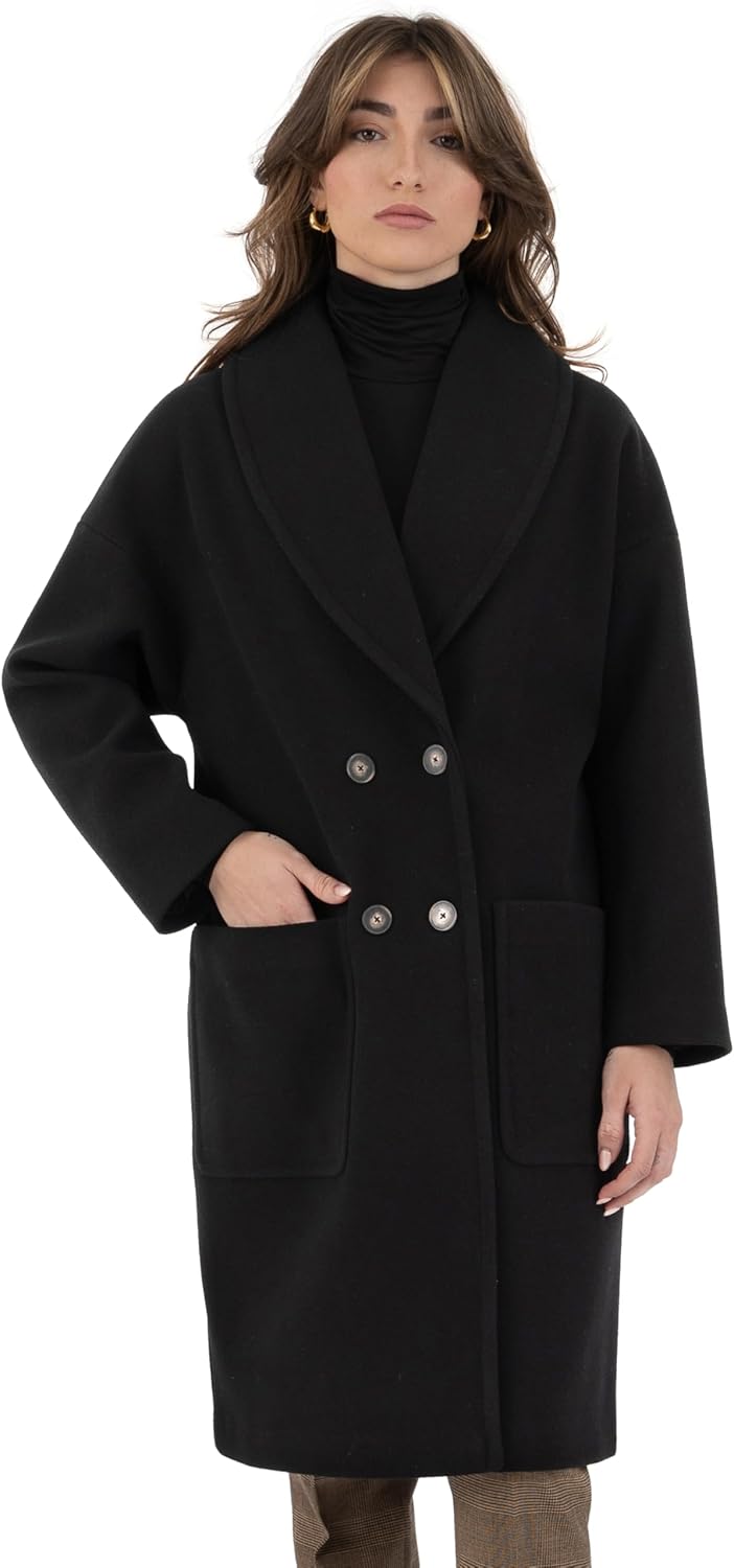 Nine West Women’s Faux Wool Double-Breasted Coat | 40 Inch Mid-Length, Oversized Lapel, Patch Pockets
