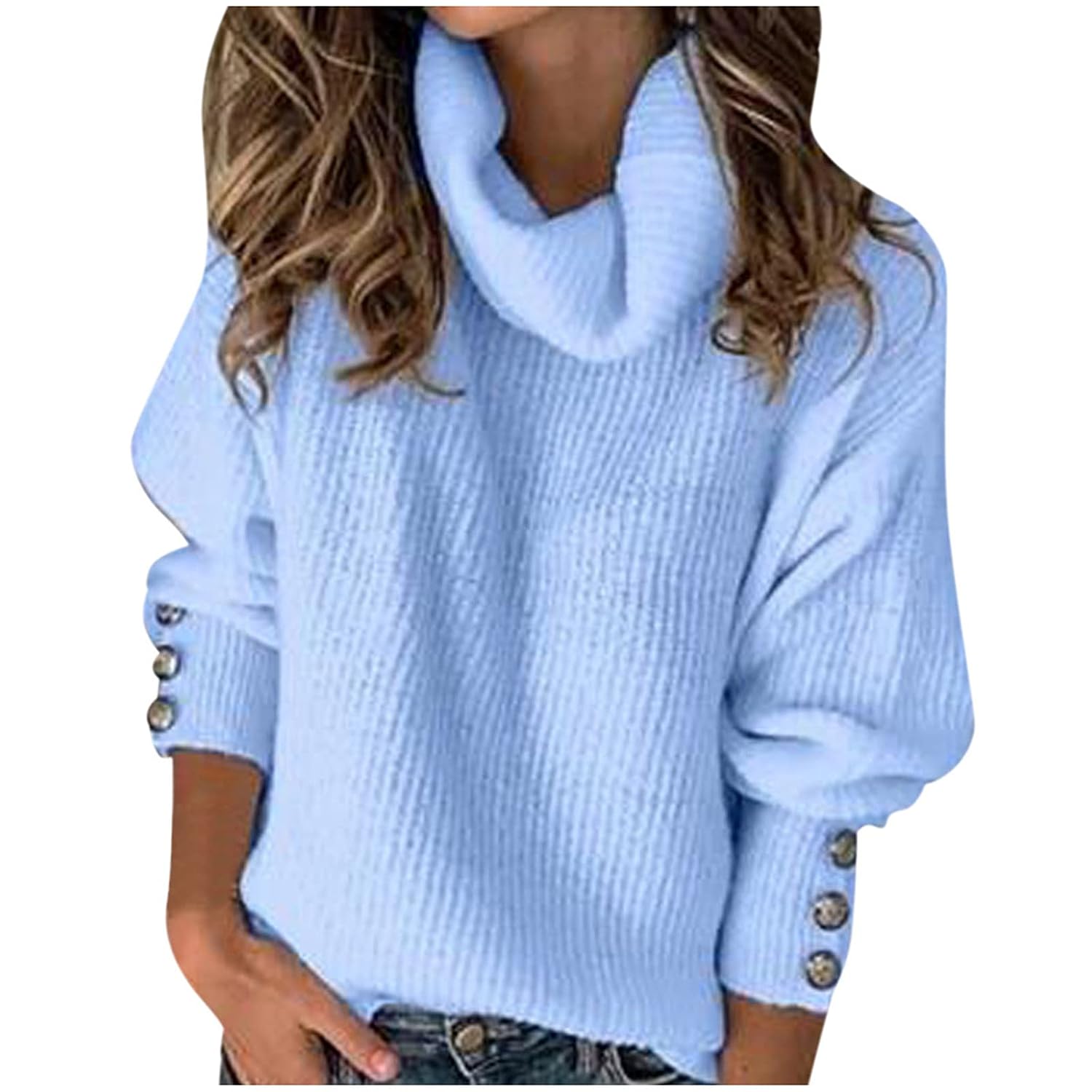 Womens Turtleneck Knitted Sweater Oversized Chunky Fall Elegant Casual Pullover Sweaters Button Lantern Sleeve Knitted Tops
