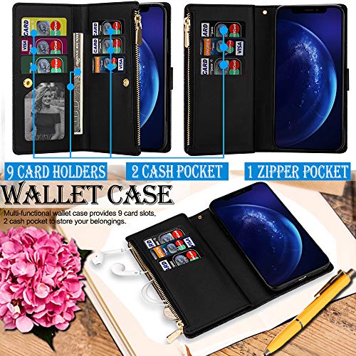 Galaxy S20 FE 5G Case Bling Wallet,Kudex [9 Card Slots] [Zipper Pocket] Glitter Leather Stand Flip Wallet Purse Handbag Case with Wrist Strap for Samsung Galaxy S20 FE/S20 Lite 6.5Inch(Black) - Thumbnail 6