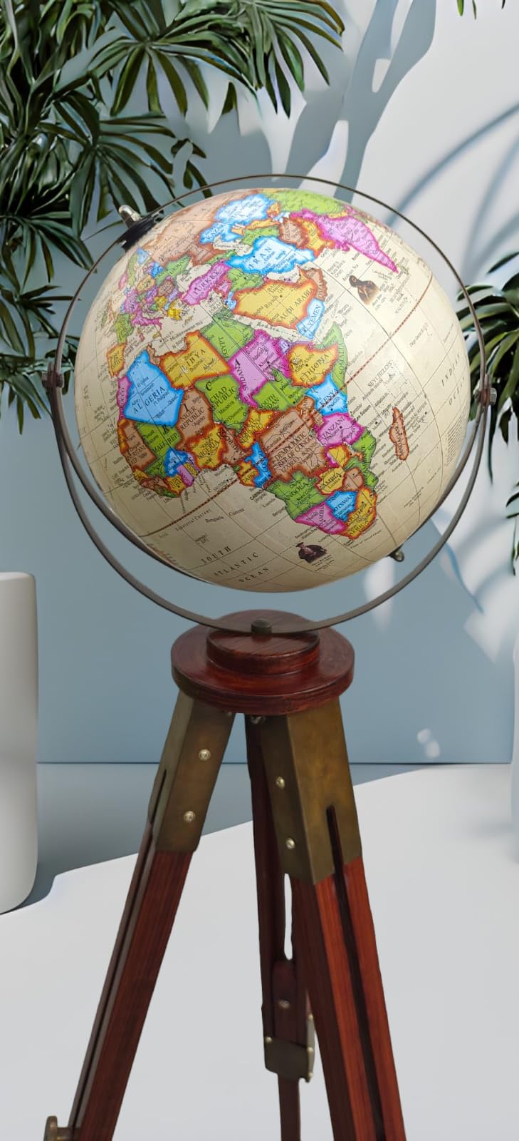 Antique Style Wood Tripod Floor Globe 16" with Brass Meridian and Adjustable Height