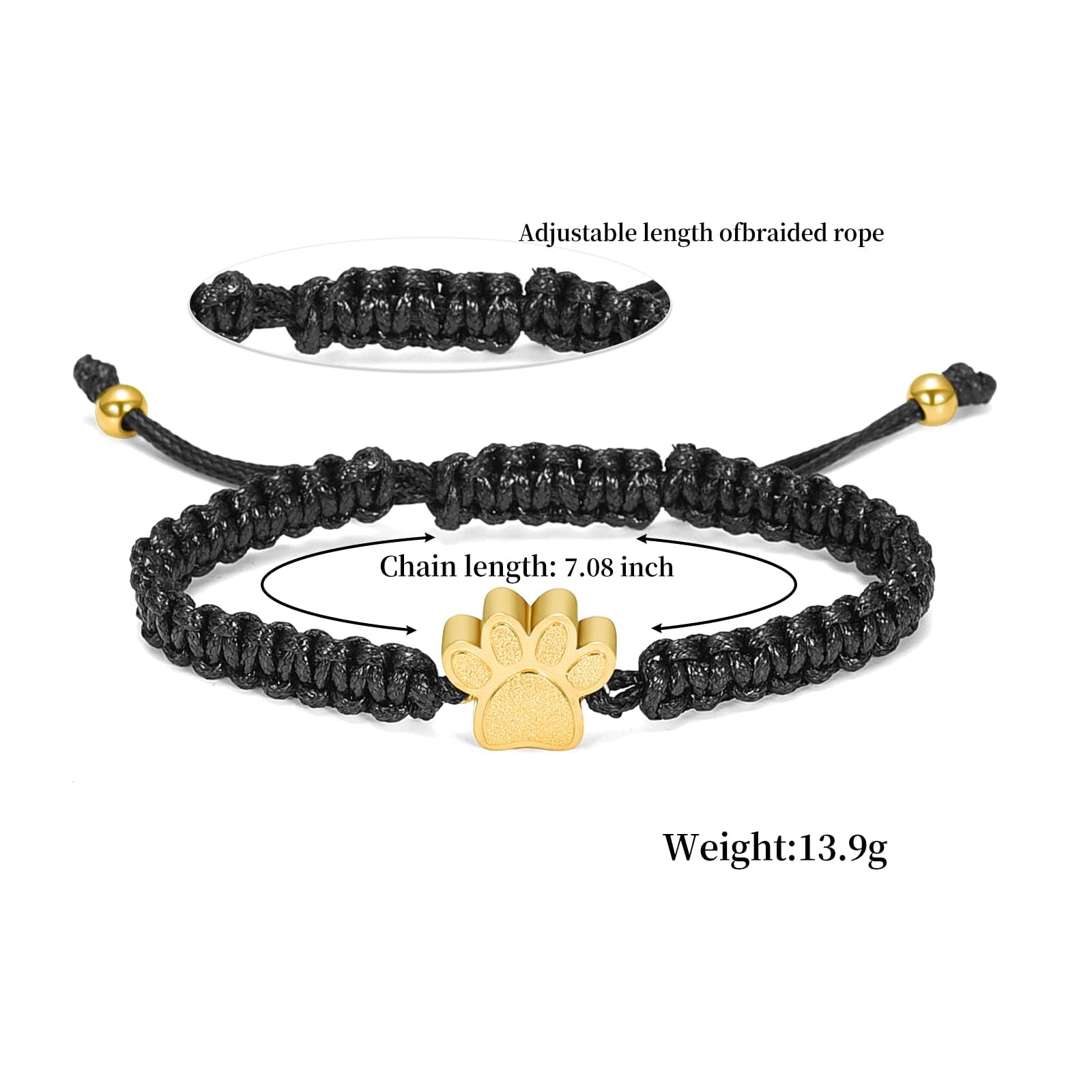 Braccialetto con urna per cremazione per ceneri con cuore e zampa di cuore, braccialetto intrecciato per animali domestici, cane, gatto, braccialetto regolabile per donne, regalo per ceneri di