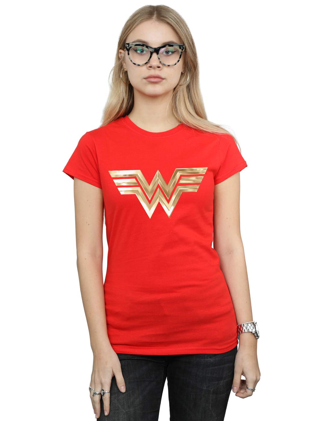Absolute Cult Women's Red Dc Comics Wonder Woman 84 Gold Emblem T-Shirt Large