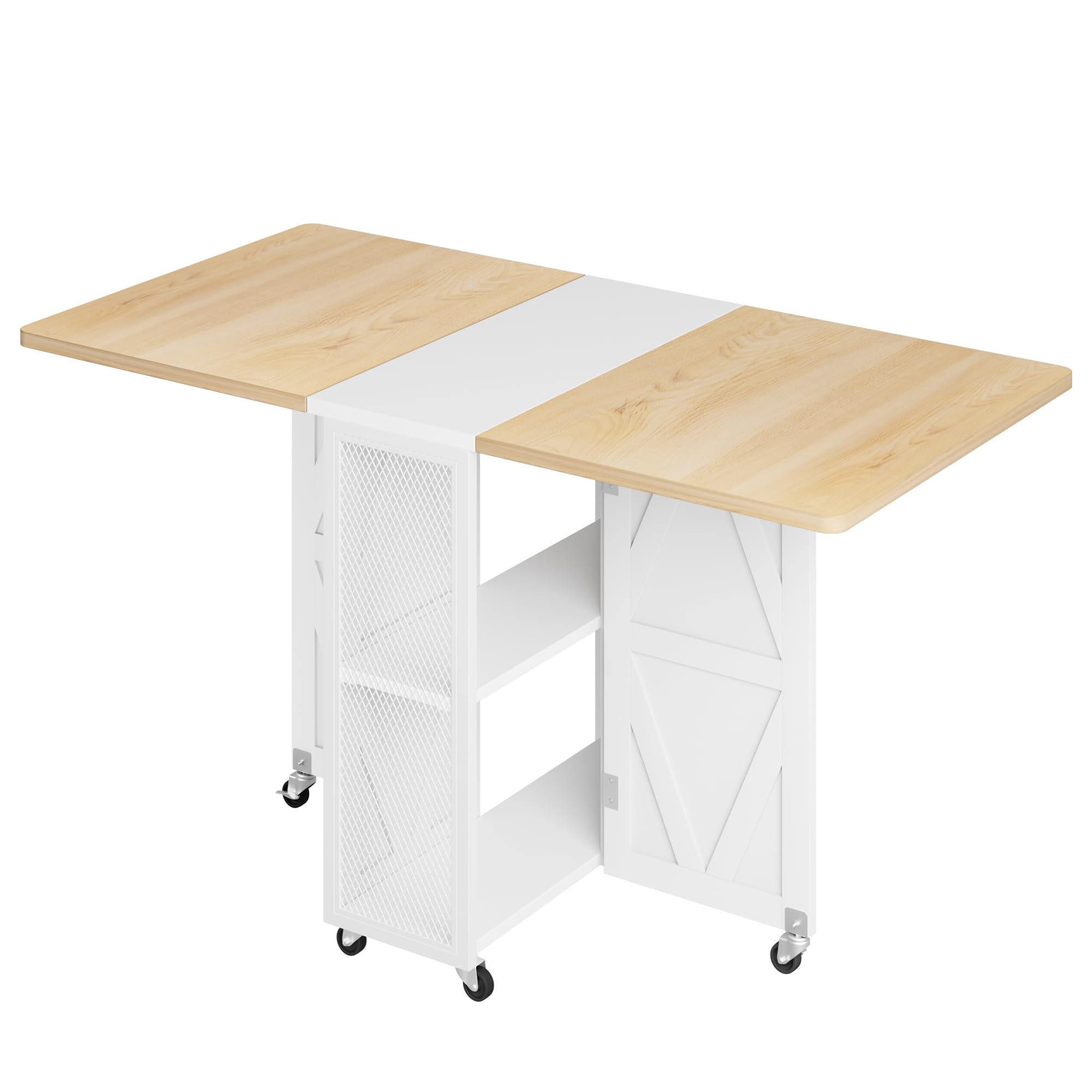 Jocoevol Esstisch Klappbar Küchentisch für 2-4 Personen, Klapptisch mit Trennwand und zweilagigem offenem Regal, Ausziehbar mit Rollen für Küche & Esszimmer, 120x60x76 cm, Ahorn + Weiß