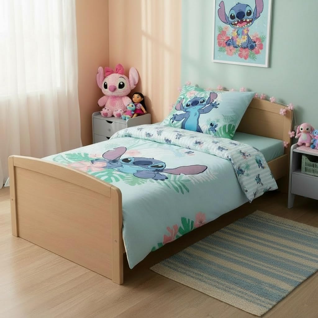 Housse de Couette Stitch Disney Réversible - Parure de Lit Enfant 140x200 cm avec Taie d'oreiller 65x65 cm - Coton & Polyester - Certifiée Oeko-​Tex Standard 100 - Motif Aloha Bleu