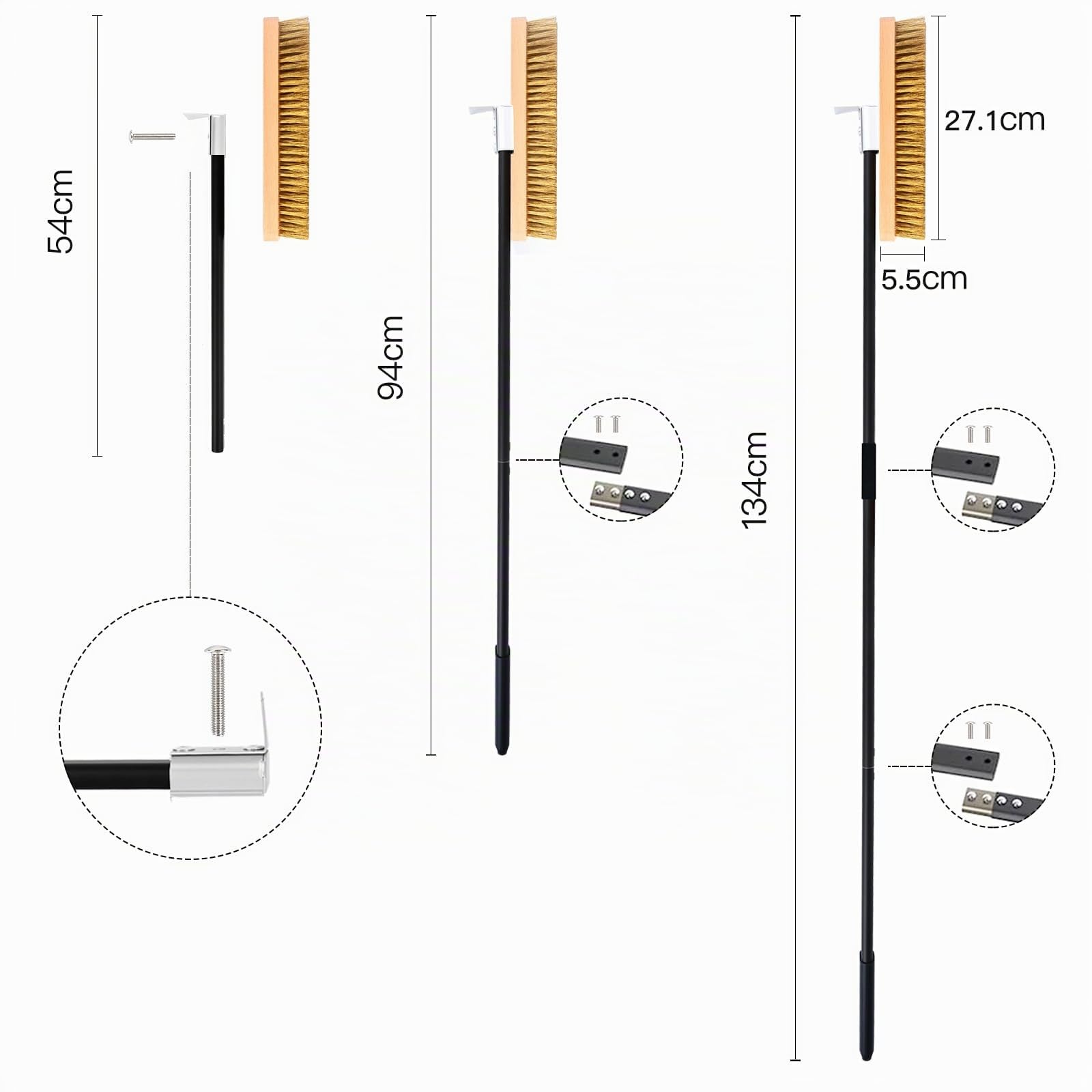 Cepillo grande para horno de pizza con raspador, cepillo para parrilla con cerdas de latón ancho 27 cm con mango largo 94 cm o 134 cm, accesorios para horno de jardín