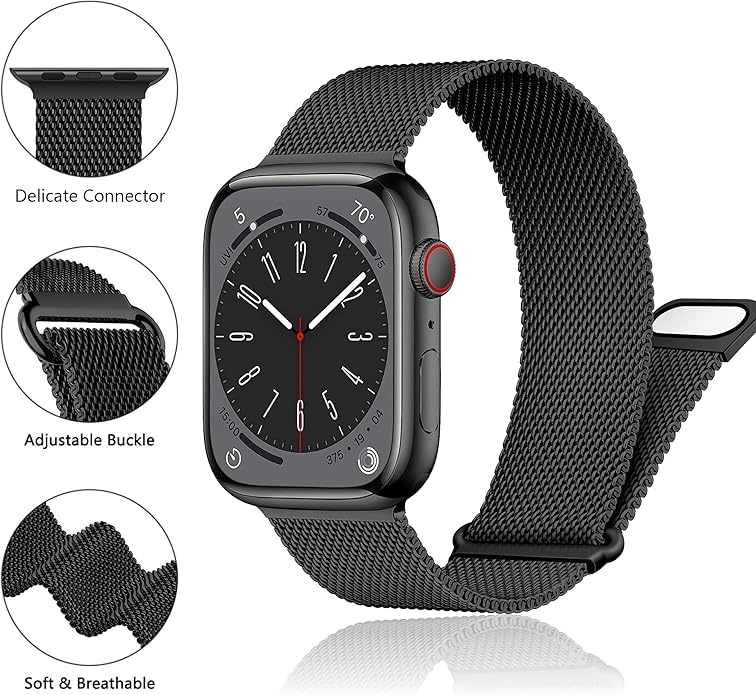 Image of Meyaar Magnetic Loop for Apple Watch Band 46mm 42mm 44mm 45mm 49mm Women Men,Magnet Stainless Steel Mesh Metal Strap for iWatch Ultra /2 Series 10 9 8 7 6 5 4,SE /2nd Generation (Black-Rose Gold)