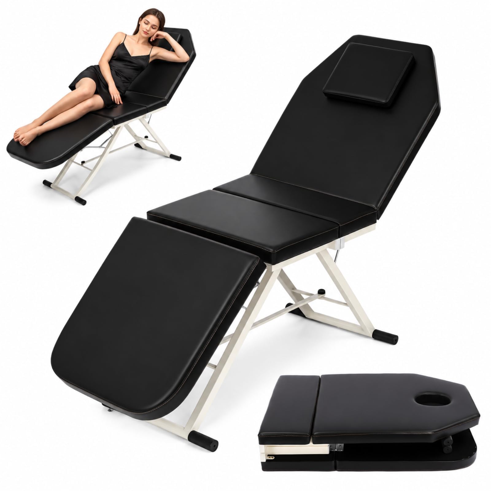 Massageliege Klappbar,Mobile Massageliege mit Verstellbarer Rückenlehne | Professionelle Massageliege mit Kopfloch, PU Polsterung, Faltbare Kosmetikliege für Massage,Tattoo & Wellness