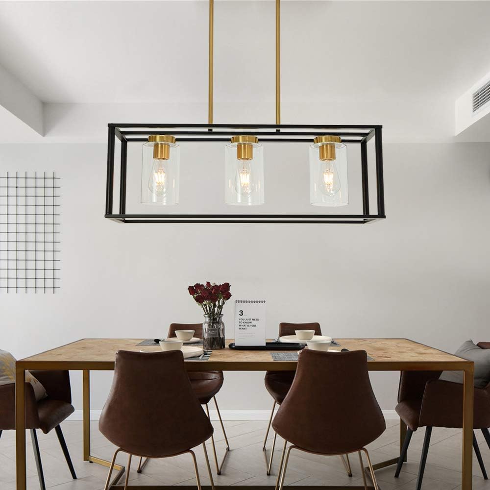 Top Brands VINLUZ Industrial Chandeliers 3 Light with Clear Glass Shade Brushed Brass and Black Modern Farmhouse Dining Room Lighting Fixtures Hanging, Kitchen Island Linear Pendant Lights Ceiling