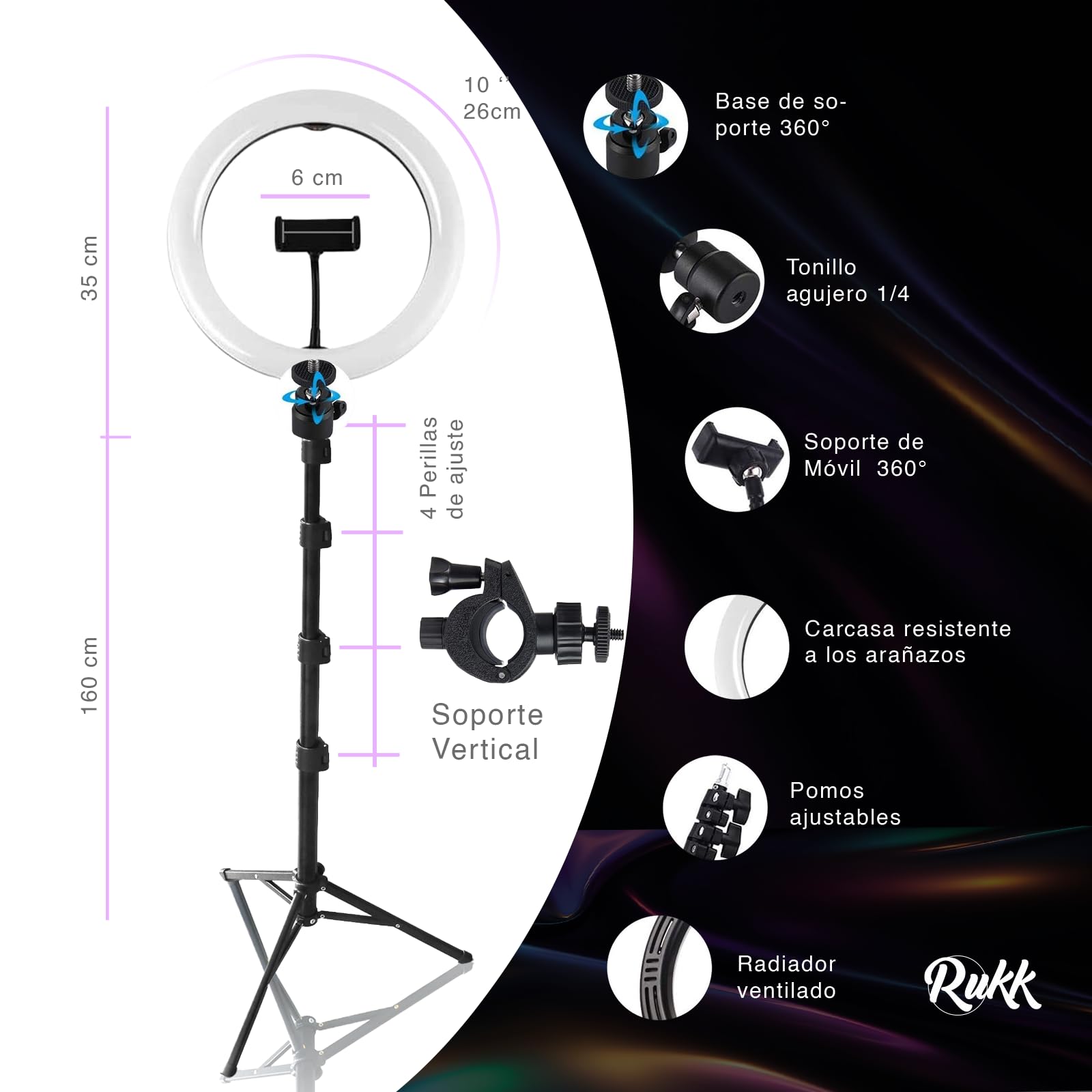 RUKK Aro de Luz con Trípode Extensible 160cm - Anillo de Luz LED 10” para Móvil (3 Modos, 10 Brillos) con Control Remoto Bluetooth - Ring Light Profesional para TikTok, Maquillaje y Youtube