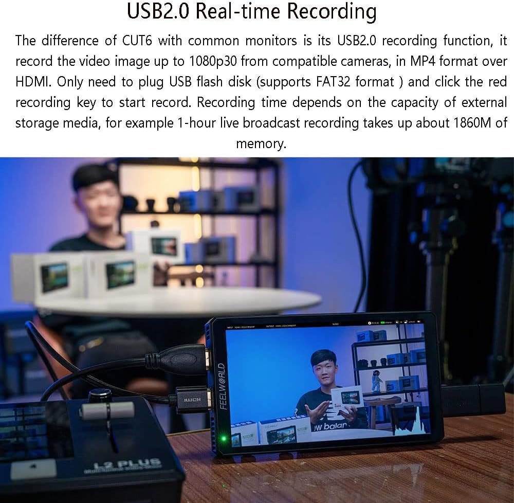 FEELWORLD CUT6 monitor connected to a camera, displaying 'USB2.0 Real-time Recording' text and showing a user interacting with the monitor.