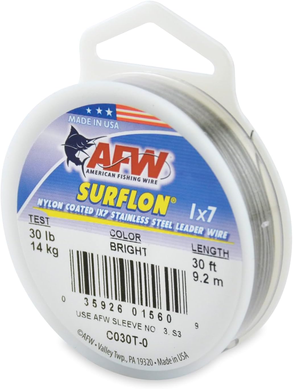 American Fishing Wire Surflon Nylon Coated 1x7 Stainless Steel Wire Leader - Wire Fishing Leader Line for Saltwater 10lb Up To 250lb Test in Bright, Black, Camo in 30ft, 100ft, 300ft, & 1000ft Lengths