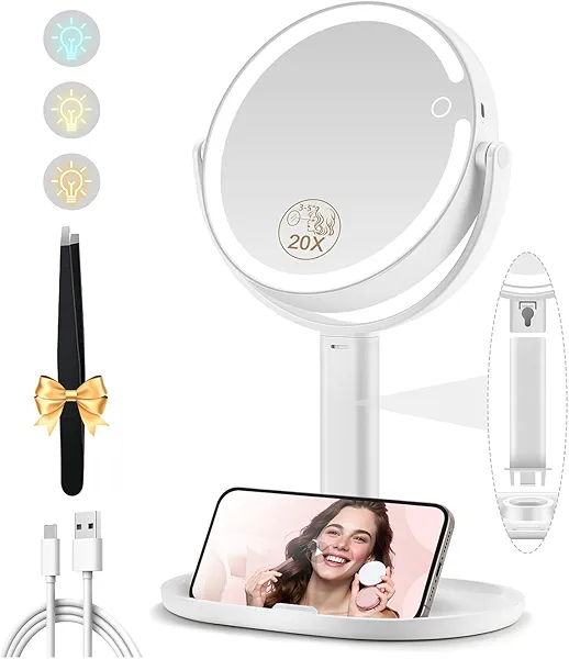 MOMOKUBA Makeup Mirror with Lights, Double Sided 1x/20x Magnifying Mirror with Light, Rechargeable 3 Color Lights and Adjustable Brightness, 360° Rotation Detachable Comes with Tweezer(White)