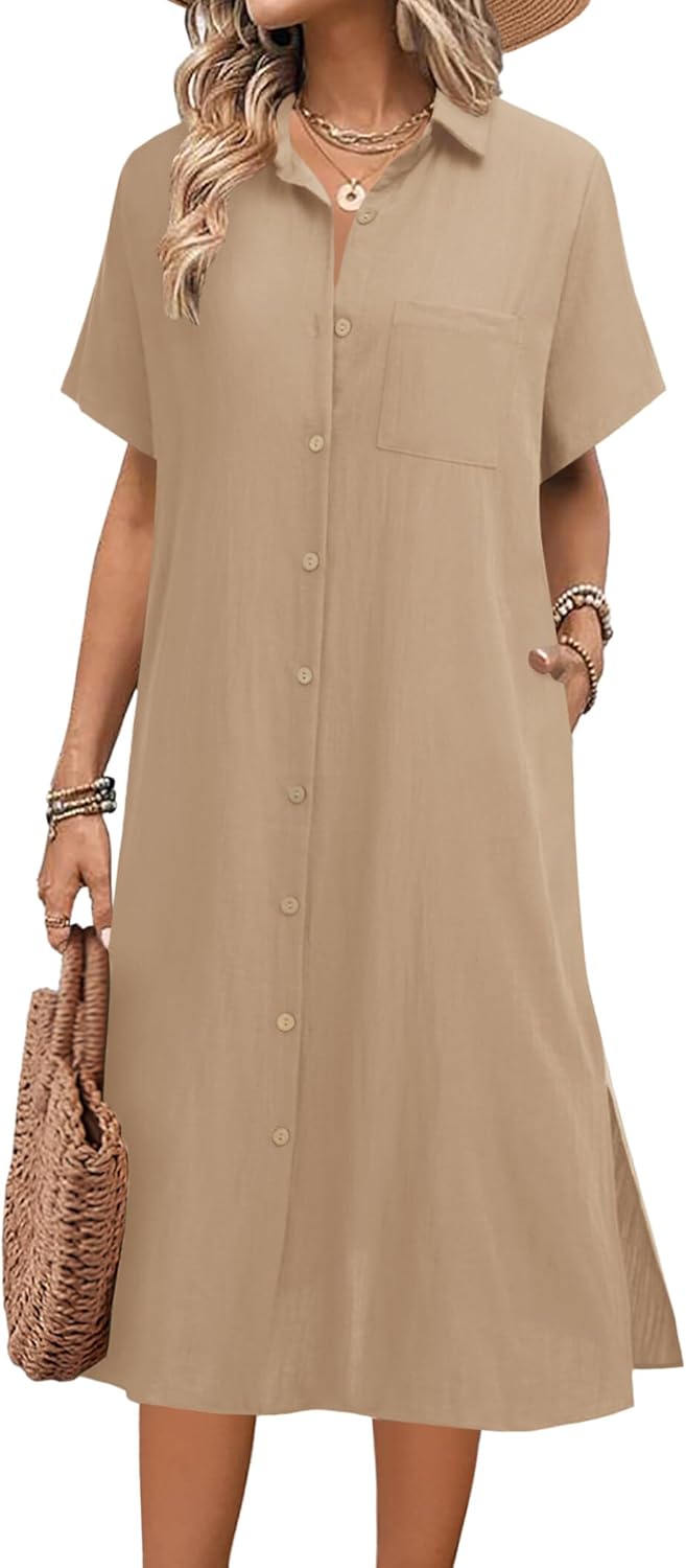 HOTOUCH Womens Dress Summer Casual Midi Short Sleeve Button Down Shirt Dress Loose Beach Cover Up Dress with Pockets