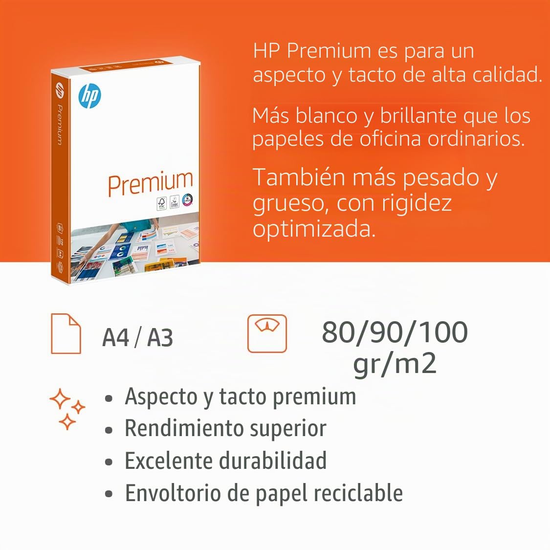 HP PAPERS PREMIUM, Papel superior de alta blancura, A4, 100 g/m2, caja 4 paquetes (2000 hojas) (94297)