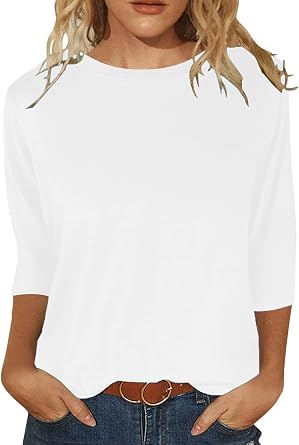 JomeDesign Womens Tops 3/4 Sleeve Shirts Round Neck Loose Casual Blouses | Solid Color Tshirts