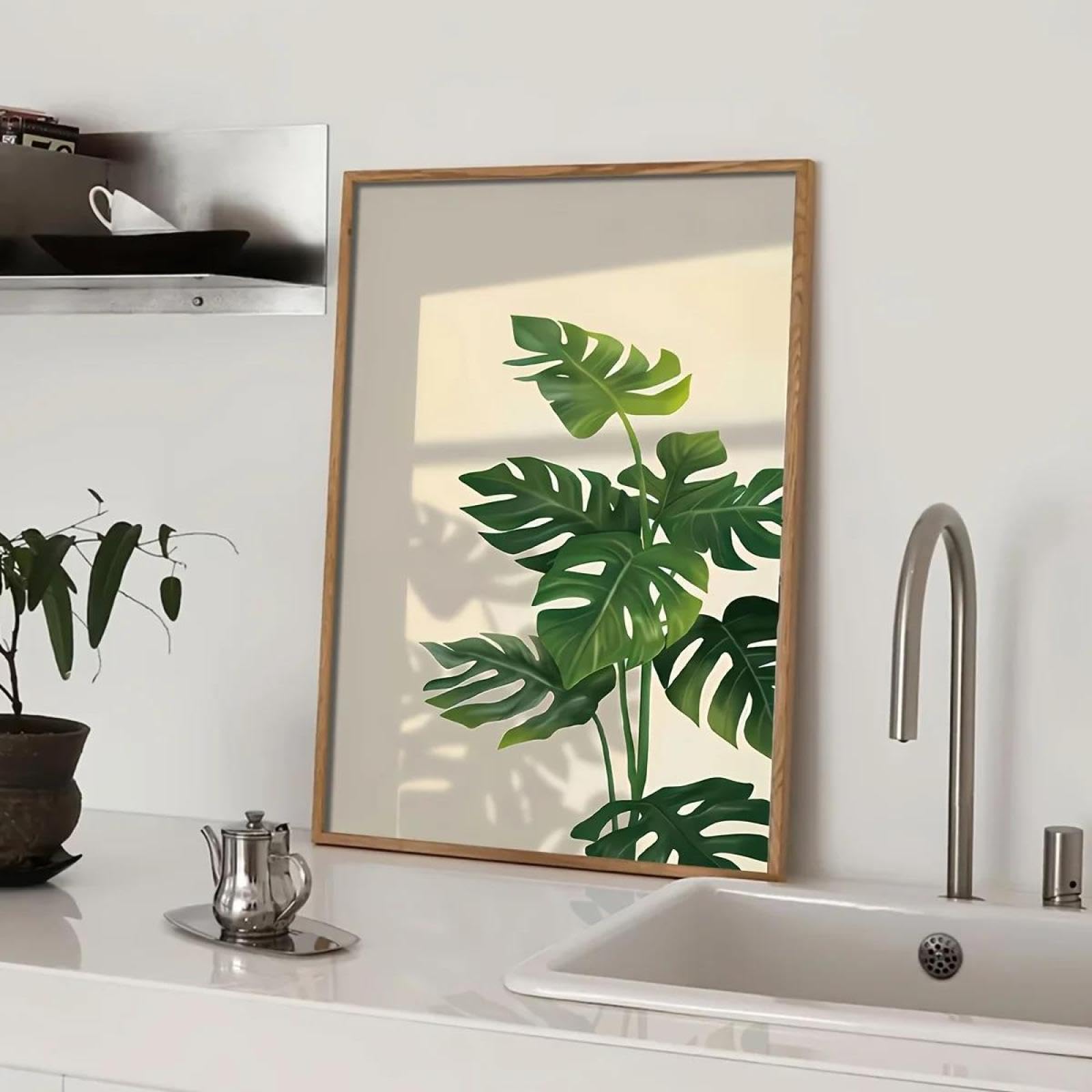 Baibexing 1Pc Abstract Tropical Monstera Leaf Botanical Green Canvas Painting Wall Art Poster Prints Picture For Living Room Home Decor 21X30Cm Unframed
