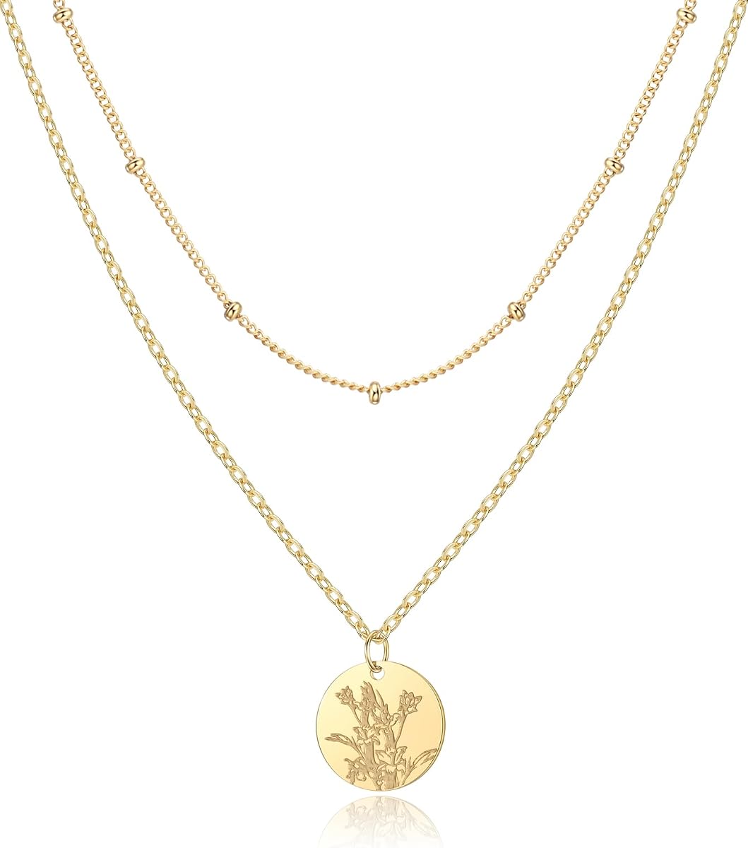 Birth Flower Necklace,14K Gold Plated Layered Necklaces for Women | Stainless Steel, Hypoallergenic, Coin Pendant, Satellite Chain, Adjustable, Tarnish-Resistant, Birthday, Unique Gift for Her