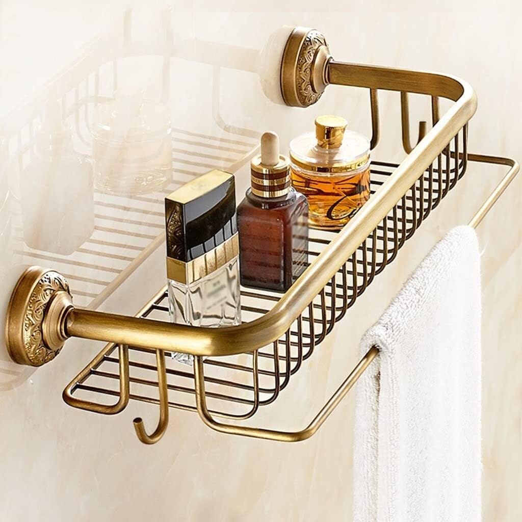 NIELONGHCY Antique Brass Floating Shower Caddy with Towel Hook - Bathroom Kitchen Organizer Shelf