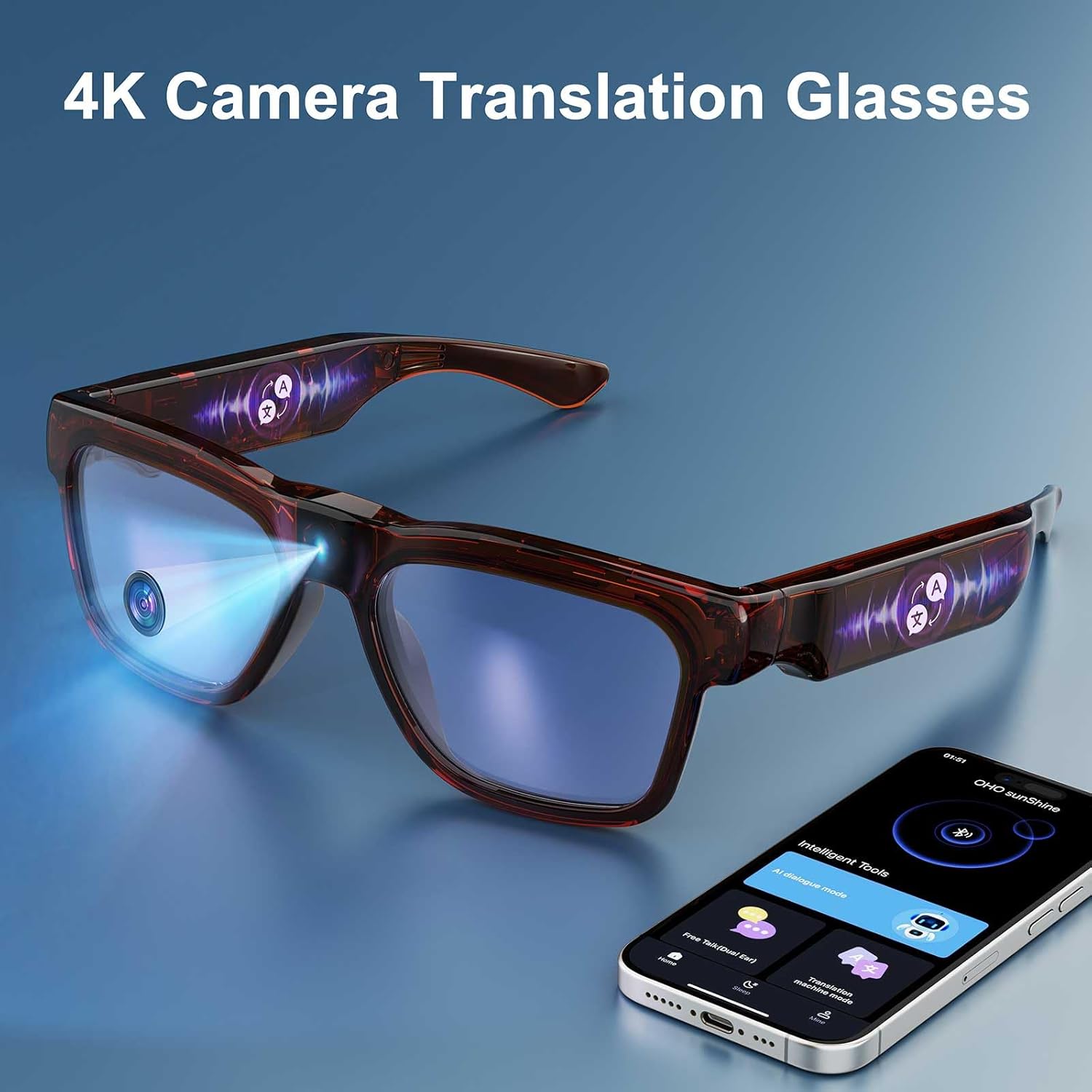 OhO sunshine 4K Ultra-Lightweight Smart Glasses, AI Chat & Real-Time Translation, OHO App Supported, Record-While-Charging,