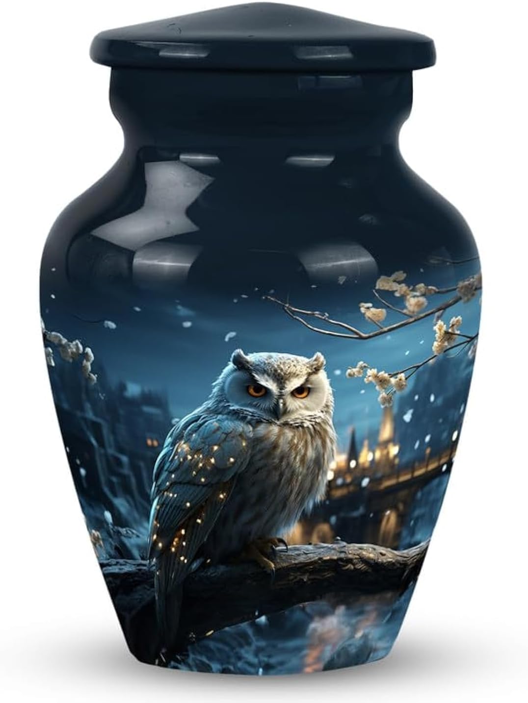 White Owl Sitting White Flower Tree Flower Pot - Decorative Urn for Cremation Ashes - Urn for Adult Ashes - 10 Inch Large