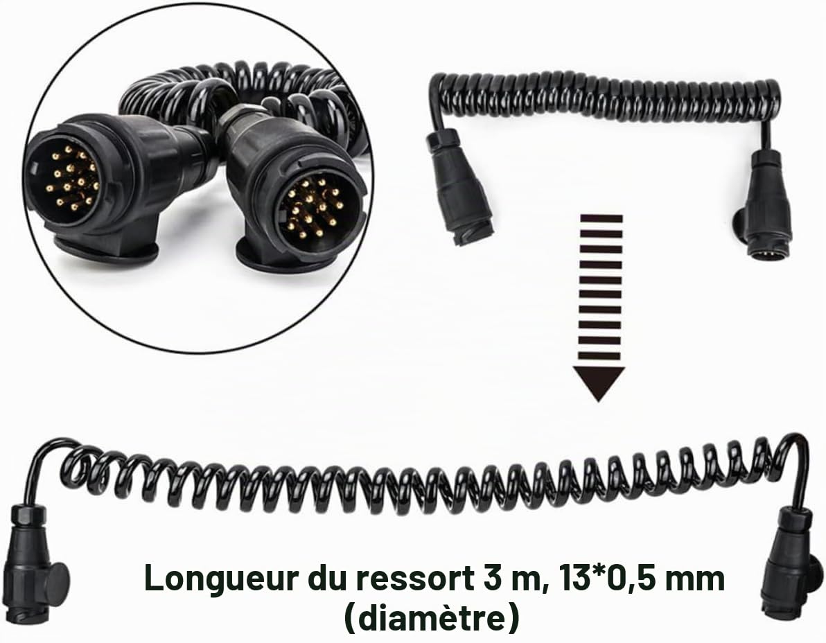 Câble rallonge remorque 13 Broches 3M Spirale, câble remorque 13 Broches vers Prise remorque 13 Broches, connecteur remorque 13 Broches pour Voiture Camion Caravane Camping-Car