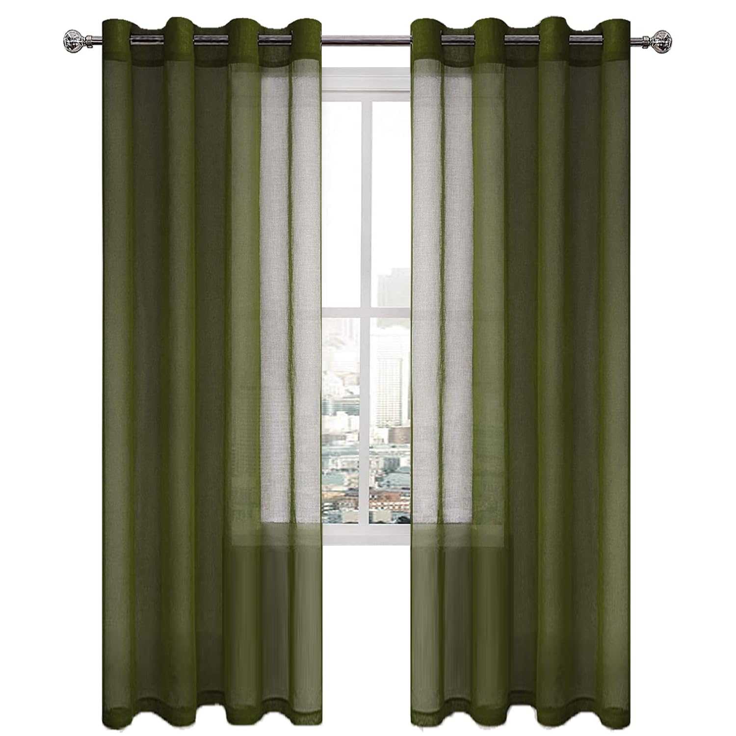 DWCN Olive Green Sheer Curtains for Living Room Bedroom Faux Linen Look Voile Drapes Grommet Top Window Curtain Panel 52 x 84 inches Long, Set of 2 Panels