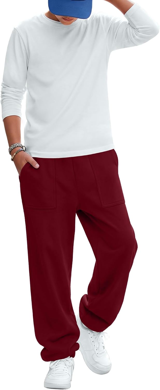 Boys Sweatpants 5-14Y Elastic Waist Joggers Kids Athletic Workout Baggy Outdoor Hiking Pants with 2 Patch Pockets