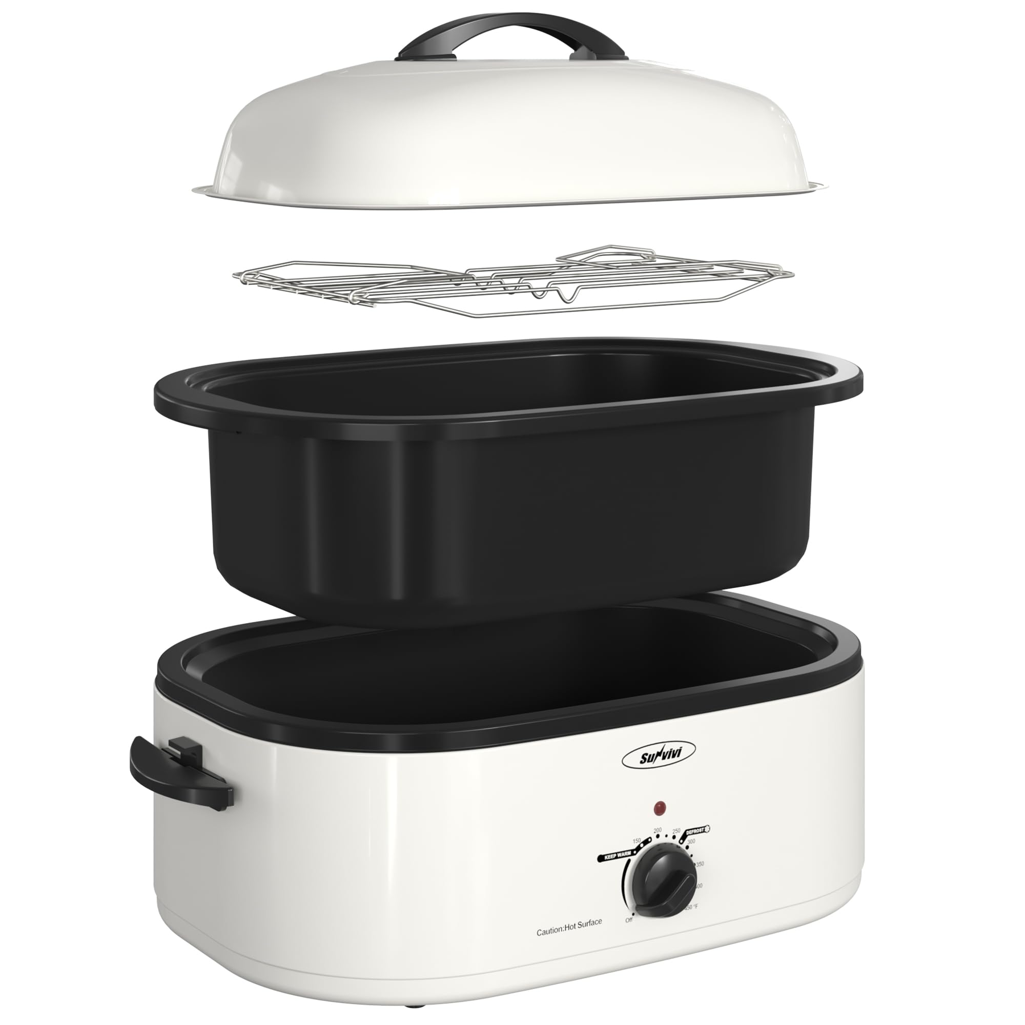 Sunvivi 18-Quart Roaster Oven with Self-Basting Lid, Electric Turkey Roaster Oven with Removable Pan and Rack, Stainless Steel, White