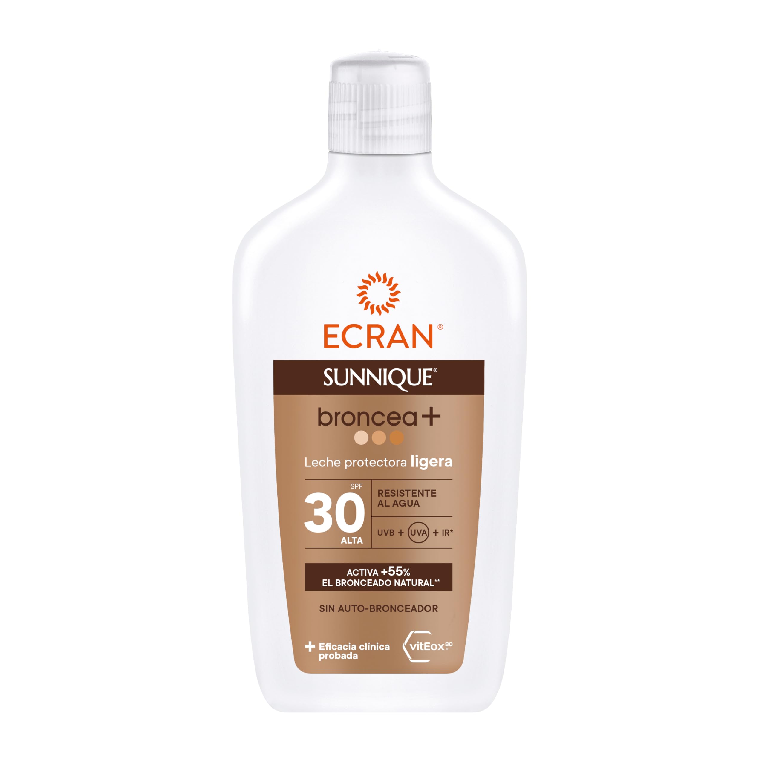 Ecran Sunnique - Leche Protectora Solar Broncea+ FPS 30, Protección Media UVB y UVA, Activa el Bronceado Natural, Sin Autobronceador, con Tecnología PureBronze, Resistente al Agua - 370 ml