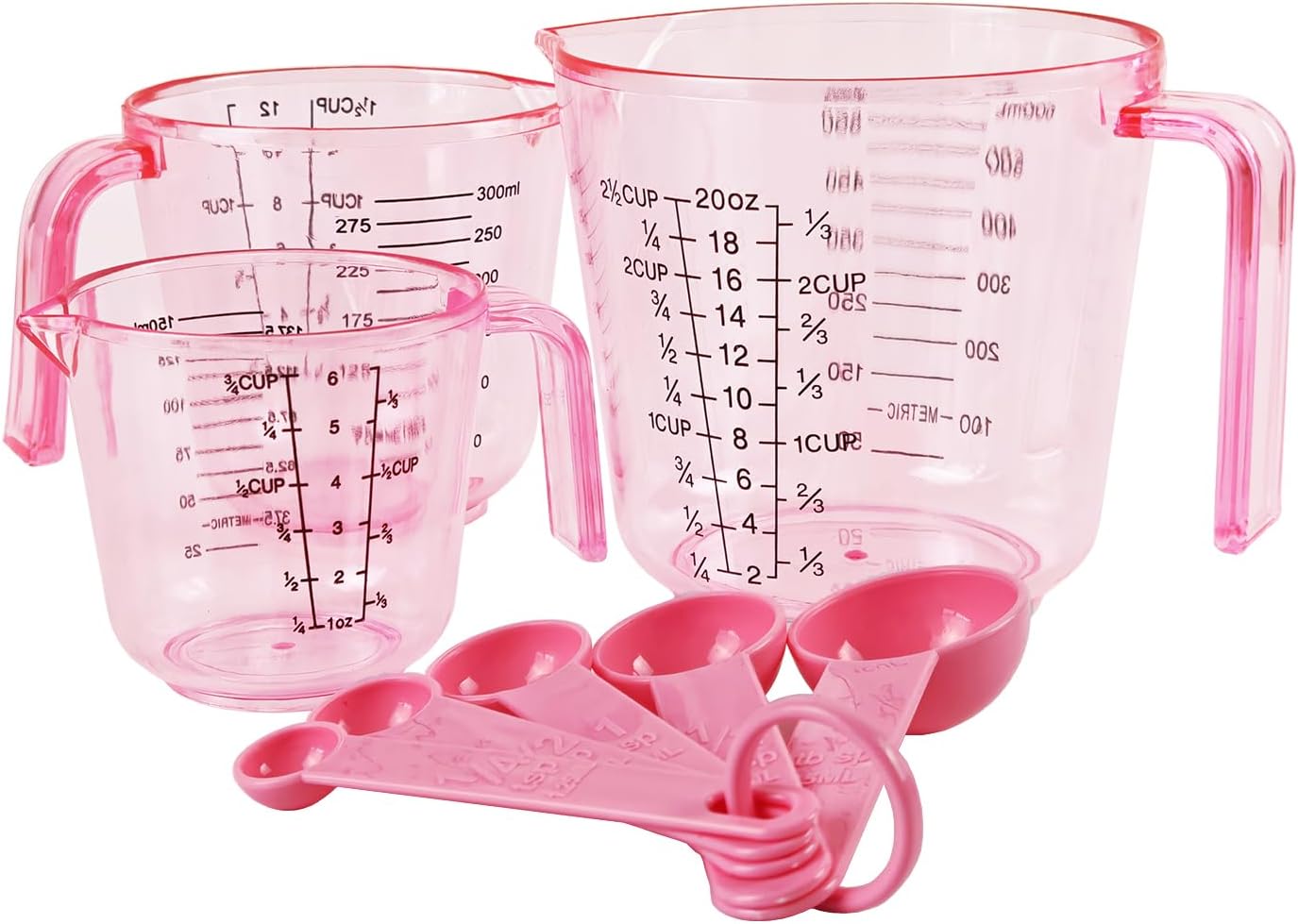 Set de vasos medidores y cucharas rosas de plástico