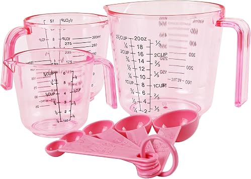 Pink Plastic Measuring cup Measuring spoon Set 3 Stackable Liquid Measuring Cups 150/300/600ml and 5 Spoons 1.25-15ml, Used to Create Pink Kitchen Themes, Baking, Cooking