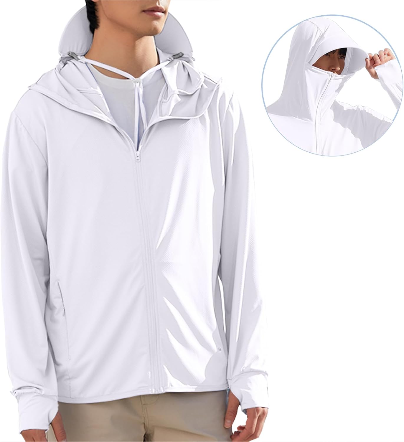Men's UPF50+ Sun Protection Hoodie Long Sleeve Quick Dry Sun Shirts Elastic Full Zipper Fishing Jacket,White,Medium - Image 2
