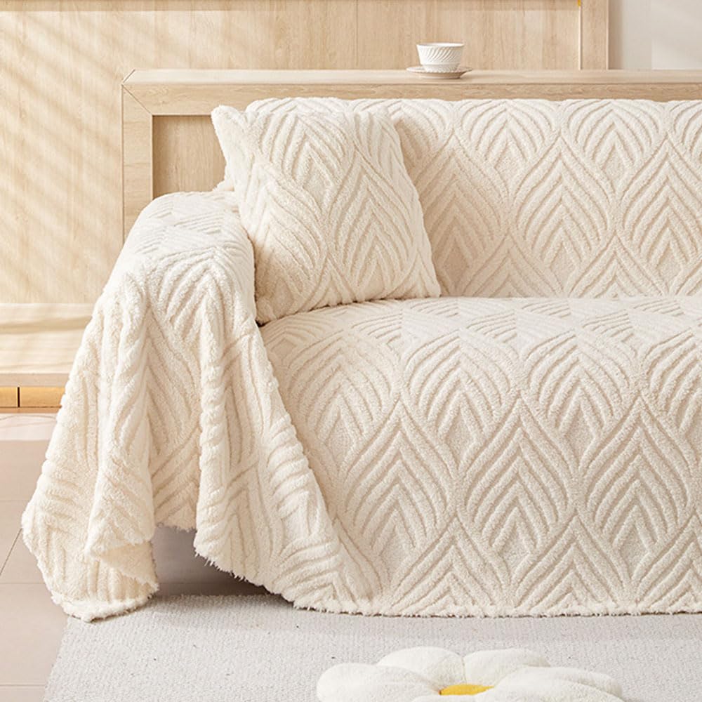 Copridivano universale invernale felpato per divani da 1 a 4 posti, accogliente, multiuso, 180 x 420 cm, color crema, elegante e resistente al calore.