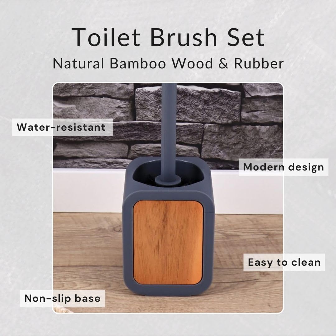 Toilet Brush and Holder Gray Rubber and Acacia – Compact Bathroom Cleaning Set for Deep Cleaning – Ideal for Modern or Contemporary Spaces