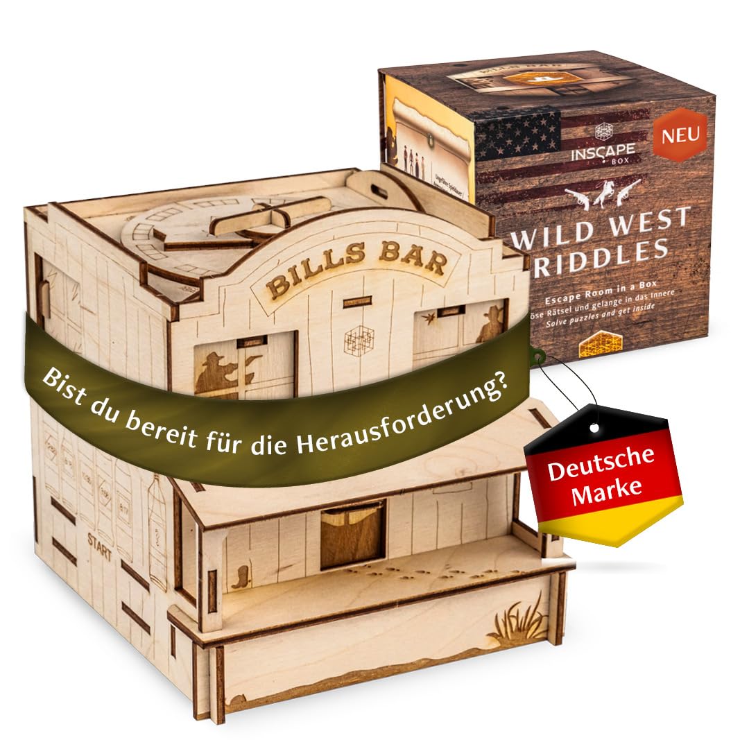 INSCAPE Wild West Riddles- Rätselbox Holz - Puzzle Box - Escape Room Spiel Erwachsene und Kinder - Knobelspiele für Erwachsene - 3D Holzpuzzle - Cluebox - Denkspiele