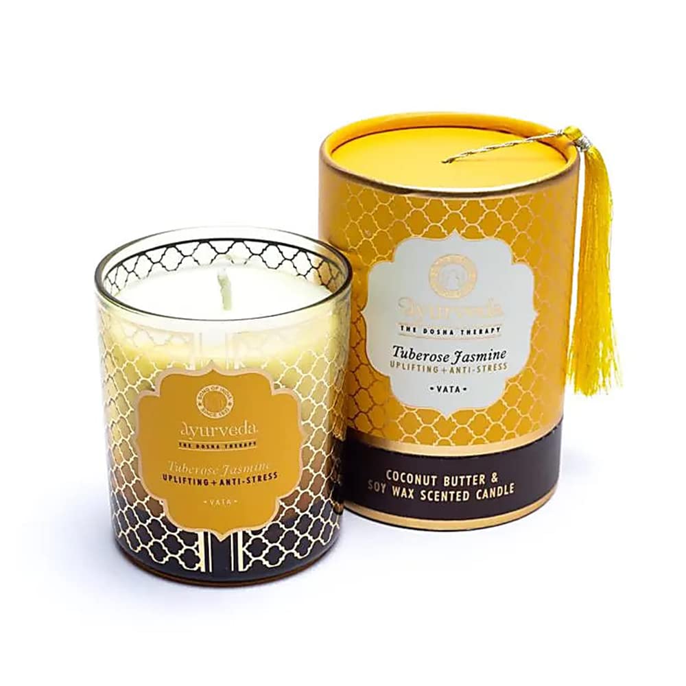 Song of India Ayurveda Scented Candle | Tuberose Jasmine Scent | Infused Essential Oils | 55 Hours Burn time | Coconut Butter & Soy Wax | Elegant jar with Tassel | 200 Grams