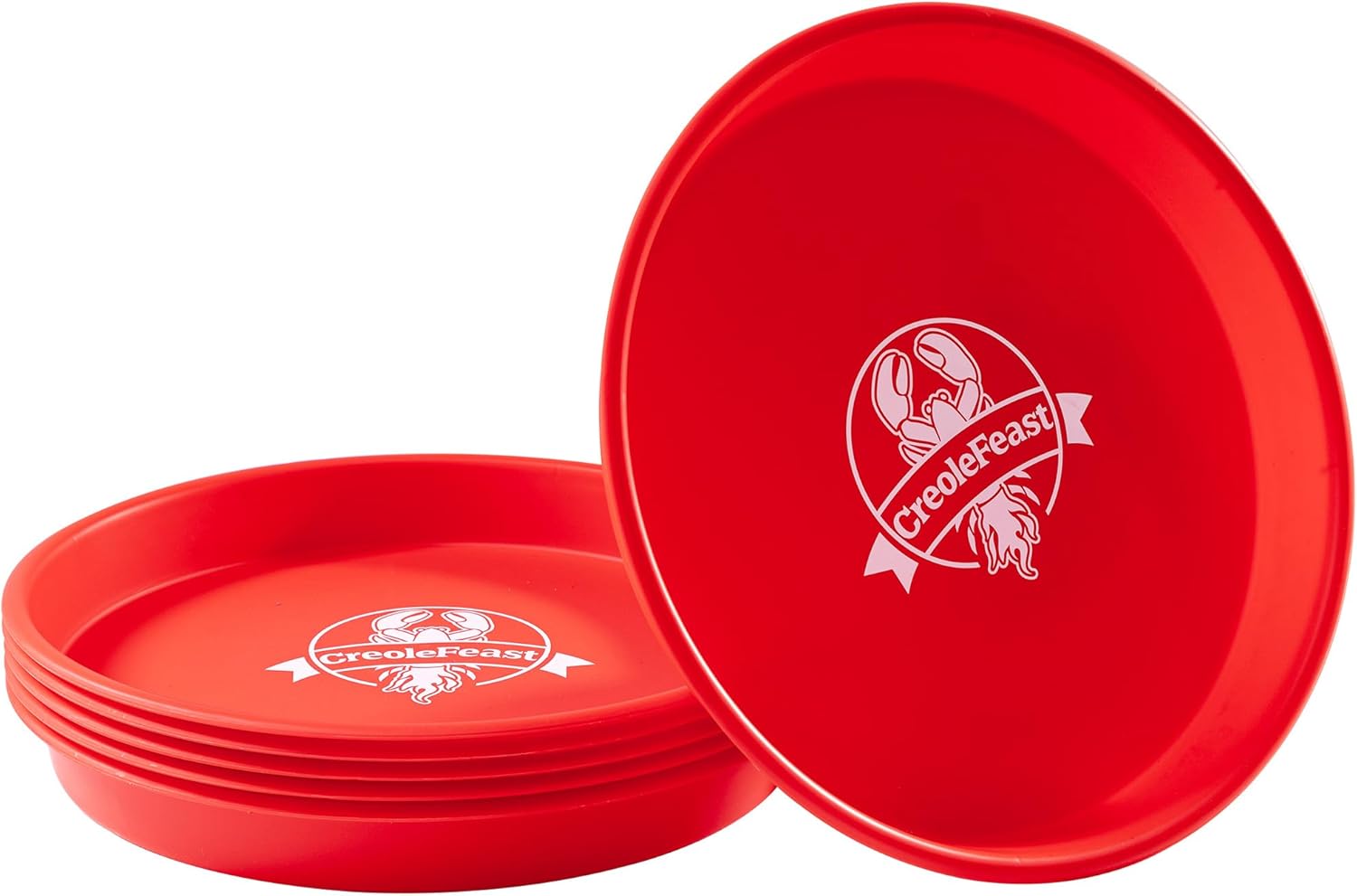 Creole Feast PP1006 15 Inch Round Crawfish Trays, 6-Pack Reusable Plastic Serving Platters for Cajun Seafood Boils, Crab, Shrimp, Lobster, BBQ, Picnics, Outdoor & Seafood Parties, Red