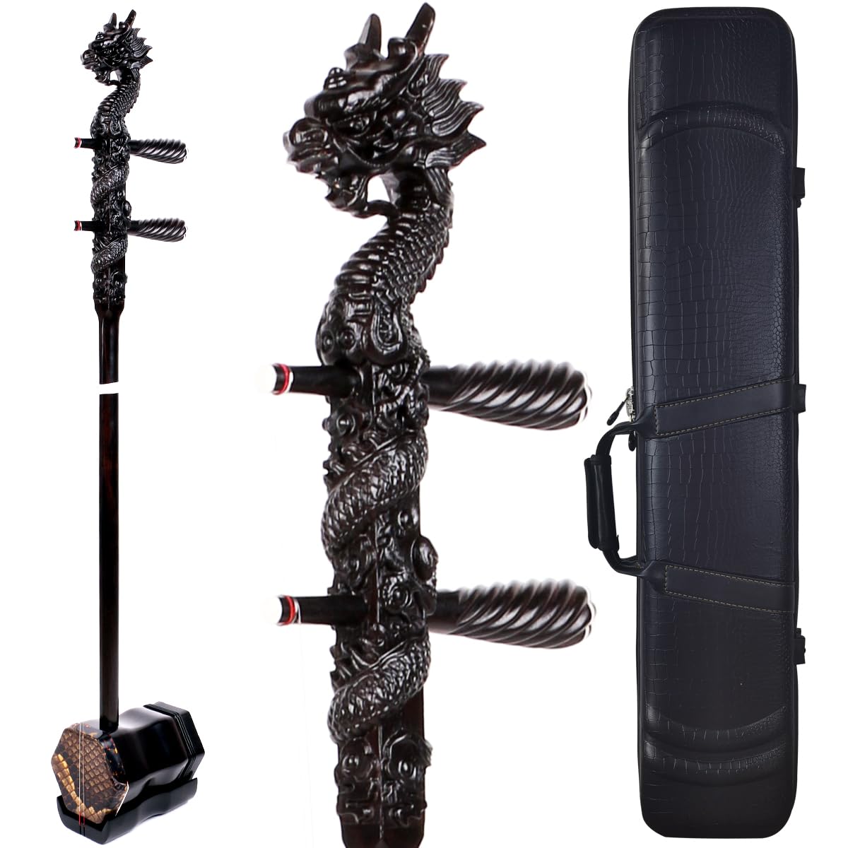NICOSHINE Professional Black Sandalwood Erhu: Two-Stringed Chinese Violin Fiddle with Engraved Dragon Head, Complete Accessories, and PDF Learning Book