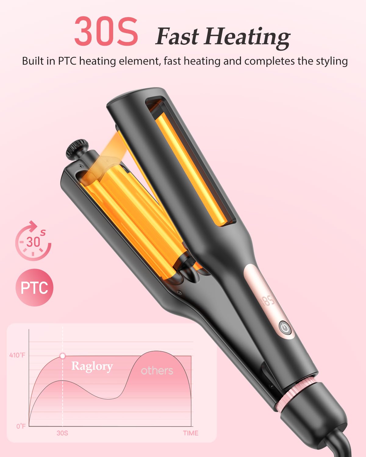 Raglory 4 in 1 Adjustable Hair Crimper Waver，3-Barrel Curling Iron with 4 Heat Settings(280℉-410℉), Crimping Iron with Digital Display, 30S Fast Heat Up and Anti-Scald Design, Rose Gold — view 6