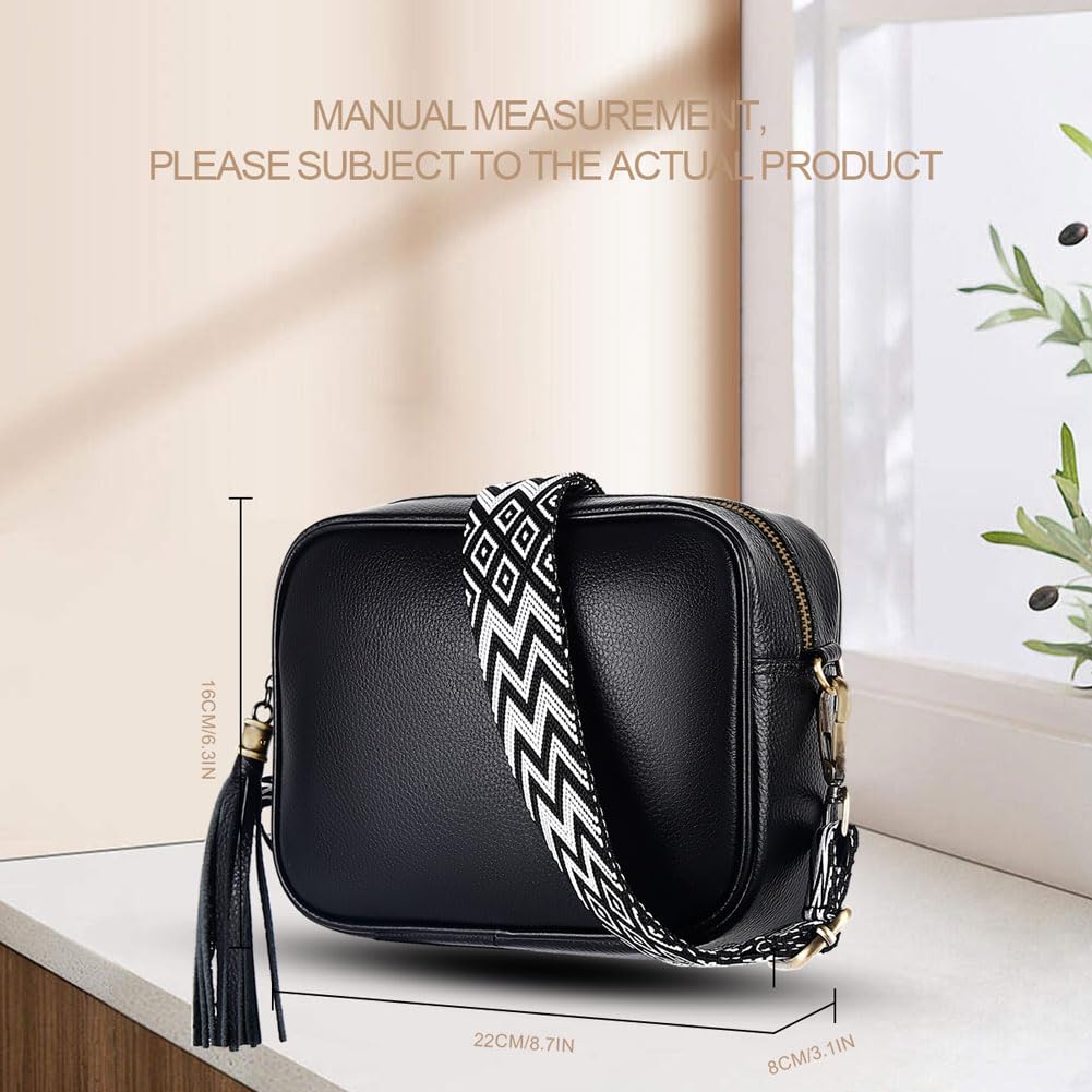 Leathario Borsa a Tracolla in Vera Pelle da Donna Piccola, Borsello a Spalla Donna con 2 Cinturini, Tracolla Larga Decorata e Tracolla a Catena Elegante Nero